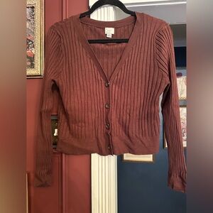 Women's Ribbed Button-Up Cardigan Sweater Chocolate Brown Size Large